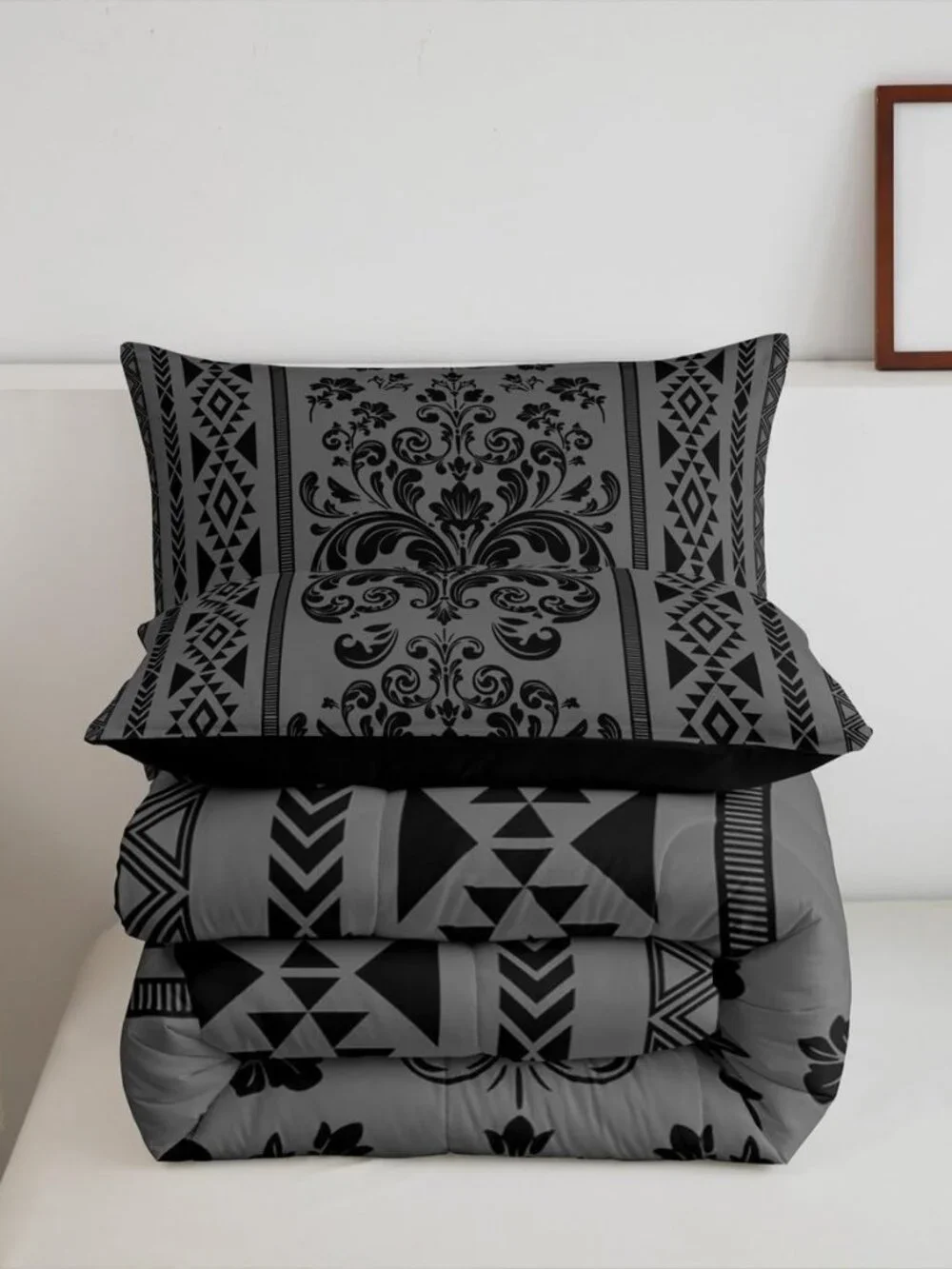 Comforter Set Twin Size,Grey Black Aztec Damask 2 Pcs Bedding for Kids and Adult